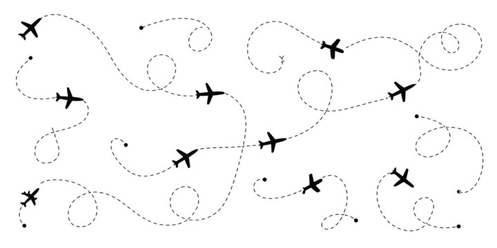 Small black airplanes flying with dashed travel path lines