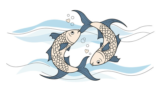 Pair of hand-drawn fish swimming in a circular motion with bubbles and hearts representing the pisces zodiac sign in blue and beige.