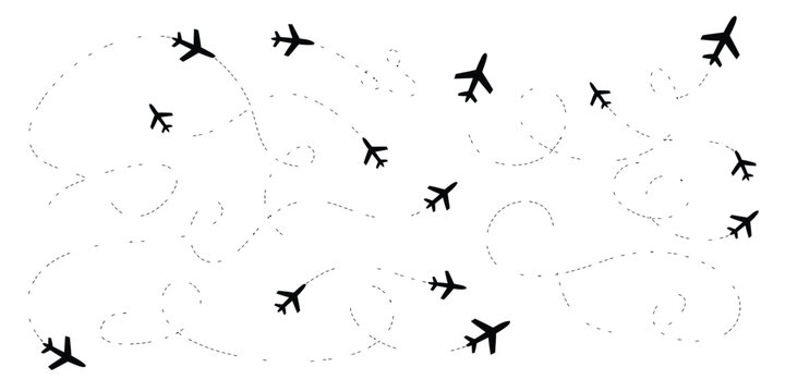 Black airplane icons with dotted flight paths illustration
