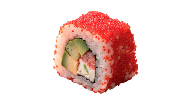 Single delicious uramaki sushi roll covered in bright red masago caviar isolated on transparent background