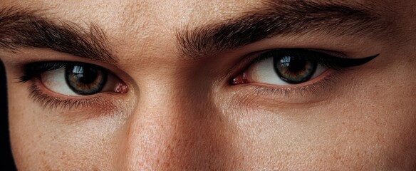 Plakat Intense close-up portrait of a man with sharp eyeliner and piercing gaze conveying deep emotion