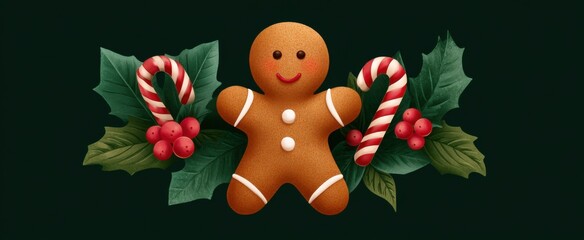 Obraz premium Cheerful gingerbread cookie adorned with candy canes and winter holly leaves.