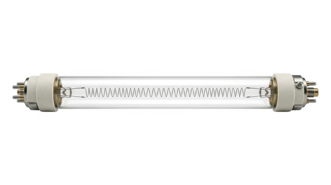 Rectangular fluorescent tube with brass end caps positioned horizontally against a neutral background.