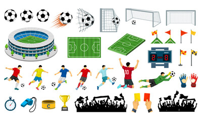 Soccer Elements Collection with Players, Stadium, Goal, Referee Equipment and Fan Silhouettes Vector Set © yusuf asyari