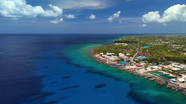 North West Point, Cayman Islands: Aerial view of turquoise Caribbean sea, tropical coastline and reef off Grand Cayman - landscape panorama from above

