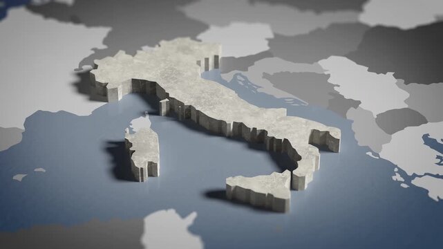 World map animation Birds eye view above Italy, Italian, Rome, Europe with highlighted country borders. Cinematic 3d world map animation highlights aerial views, 4k Video