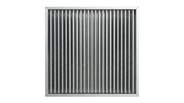 Vertical slatted metal panel with evenly spaced parallel grooves and clean edges.