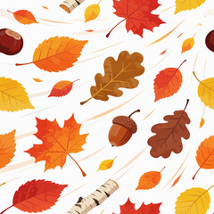 Vibrant autumn leaves and acorns falling against a clean white background with warm orange, red, and yellow hues. © Neilstha Firman