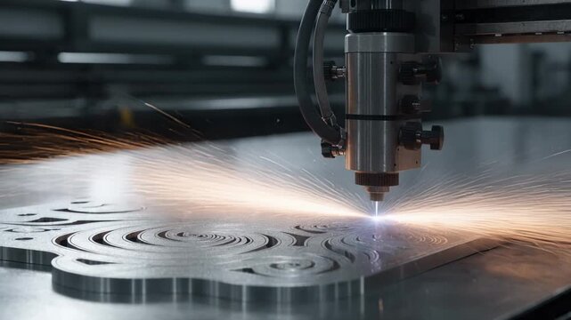 CNC plasma cutter engraving complex designs on thick aluminum plate highlighting smooth operation and advanced control in lightweight metal production
