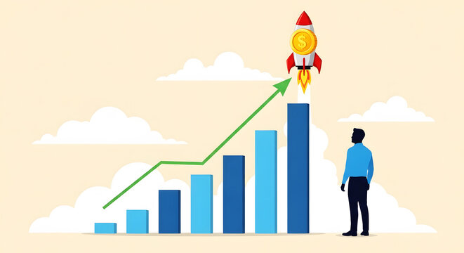 Man watches rocket with gold coin ascend rising blue bar graph against cloudy sky business