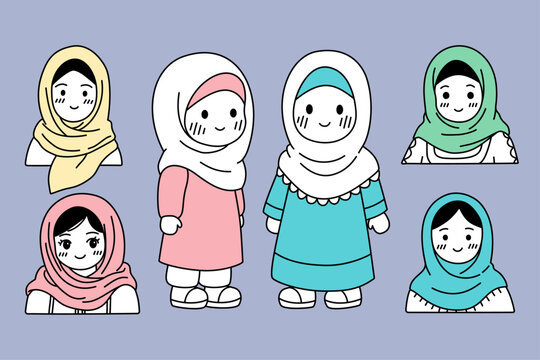 Cute Muslim Hijab Girl Character Collection Hand Drawn Kawaii Cartoon Illustration Set with Islamic Fashion