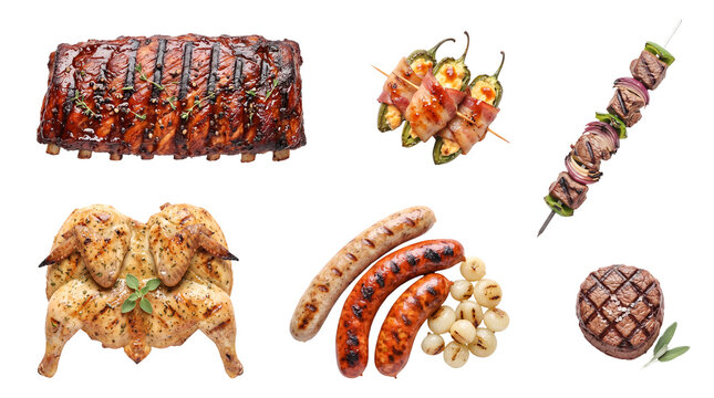 Assortment of delicious grilled meats, including ribs, chicken, sausages, steak, and skewers, transparent background.