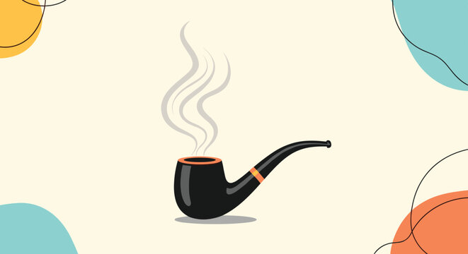Classic black smoking pipe with grey swirls of smoke on a vintage background with colorful circles for traditional lifestyle concepts.