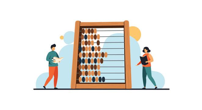 Conceptual illustration of two people studying and using a giant wooden abacus for mathematical calculations in an educational setting.