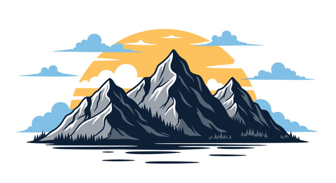 Stunning mountain range with snow capped peaks and pine forests set against a large glowing sun at sunset or sunrise.