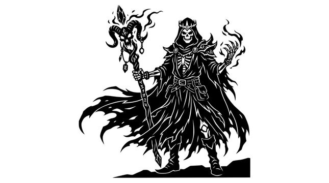 Dark fantasy skeletal sorcerer with staff.