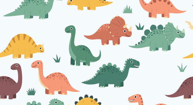 Seamless pattern design featuring various colorful cartoon dinosaur characters like triceratops and brontosaurus on a light background.