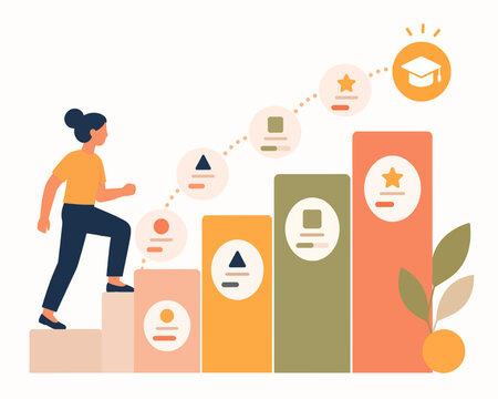Person building skills through incremental learning steps with visible progress, skill development and learning progression concept, flat illustration