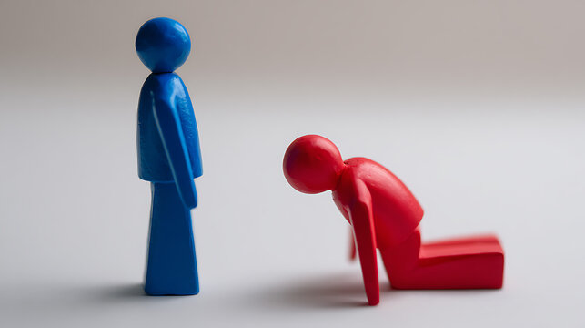A blue upright figure stands over a red figure in a submissive or defeated posture, conveying disparity, power dynamics, and emotional concepts