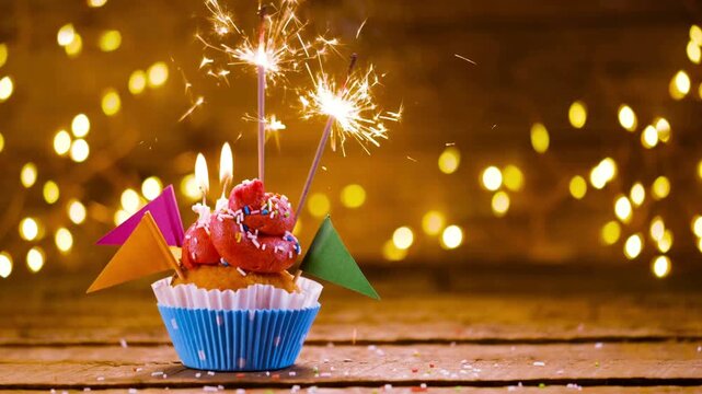Delicious Birthday Cupcake with Cream, Sprinkles, Lit Candles and Sparklers Burning on Wooden Table Against Beautiful Golden Bokeh Lights Background, Festive Celebrations Commercial Footage 4K Video