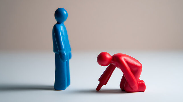 Abstract Two Figures: Blue Figure Stands while Red Figure Kneels, Symbolizing Subordination, Conflict, Forgiveness, or Support