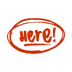 Obraz premium Hand drawn here text bubble circle mark displaying round marker scribble highlight note line for school education correction presentation attention layout design isolated clip art.