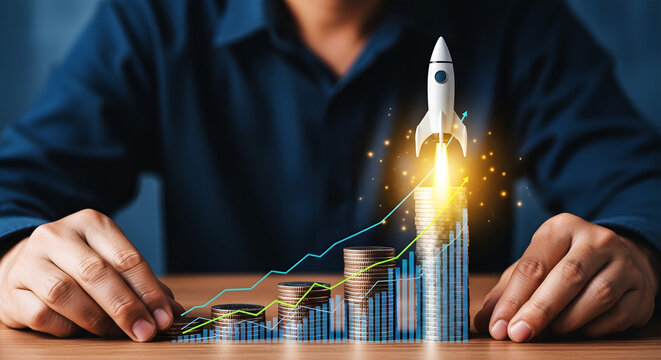White rocket launching from stack of coins with upward trending graph money 1