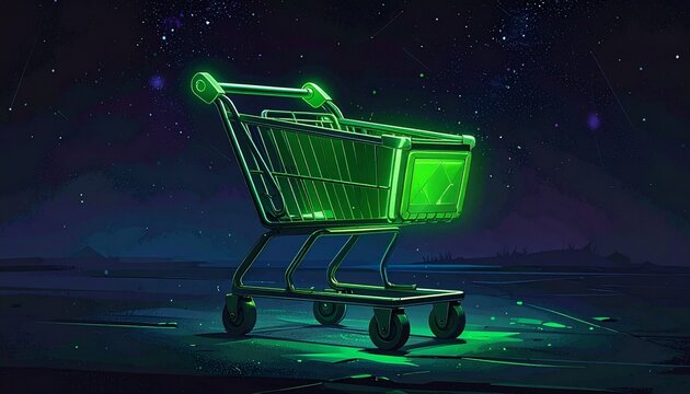 Neon green glowing shopping cart on reflective surface, dark starry night sky backdrop, futuristic geometric design, symbolic fusion of consumerism and technology, modern digital aesthetic, striking c