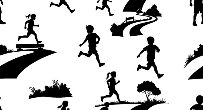 Silhouettes of Runners in Dynamic Outdoor Scenes Repeating.