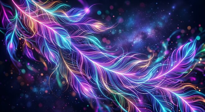 Abstract Neon Glowing Feathers on Dark Cosmic Background