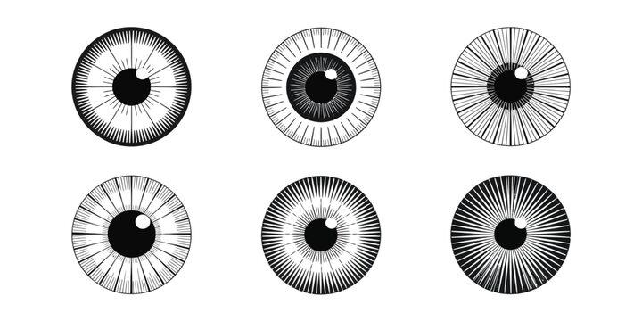 Set of six black and white iris patterns