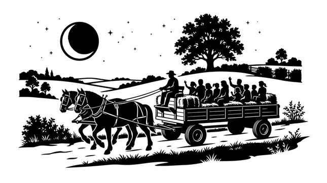 People riding on a horse drawn wagon.