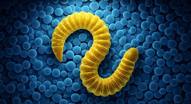Yellow segmented worm creature on a blue sphere background image