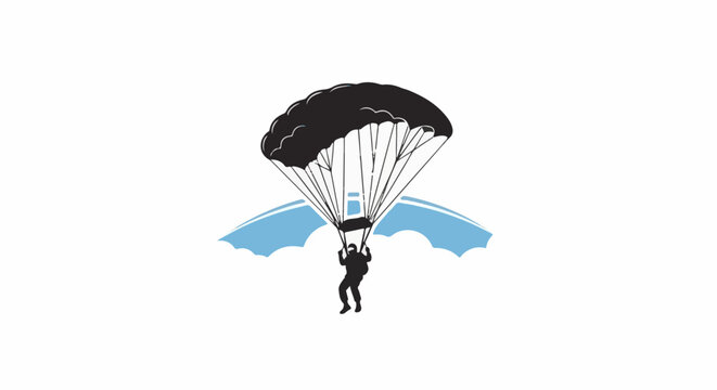 A skydiver descends beneath a black parachute against a white background