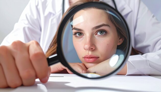 Magnifying glass focusing on person with cybernetic enhancements, curly hair, suit, metallic facial components, wires, devices, laboratory background, symbolic fusion of human identity and machine tec