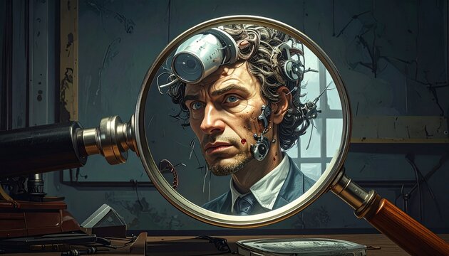 Magnifying glass focusing on person with cybernetic enhancements, curly hair, suit, metallic facial components, wires, devices, laboratory background, symbolic fusion of human identity and machine tec