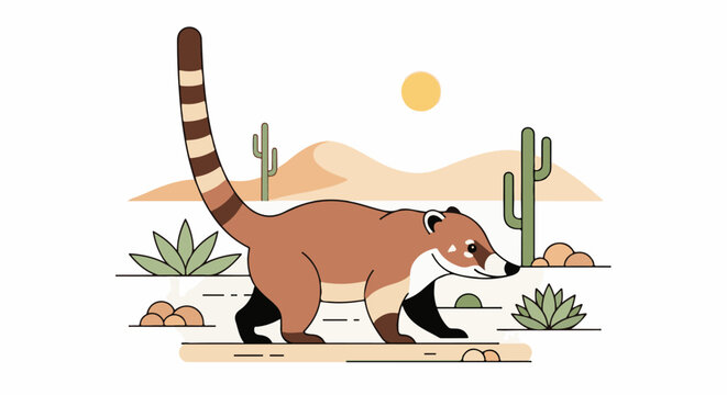 A coati walks across a desert landscape with cacti and a sun