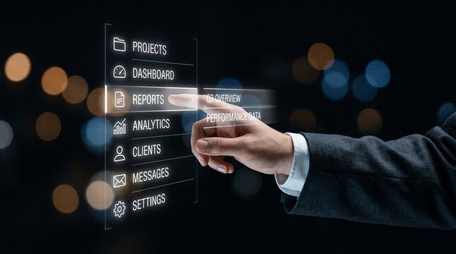 Businessman touching interactive virtual reports dashboard interface menu