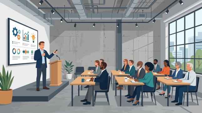 This flat design illustration portrays a business professional delivering a presentation in a contemporary industrial-style conference room. It captures a moment of knowledge sharing