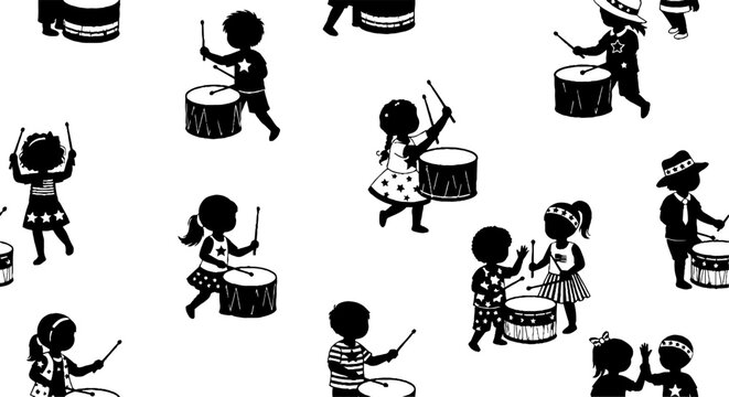 Playful children happily drumming in rhythmic pattern design.
