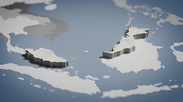 World map animation Birds eye view above Malaysia, Malaysian, Kuala Lumpur, Asia, with highlighted country borders. Cinematic 3d world map animation highlights aerial views, 4k Video