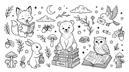 Obraz premium Whimsical woodland animals line art collection, cute forest creatures reading books vector set, black and white nursery coloring page elements