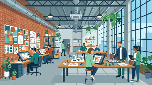 This flat design illustration showcases a bustling creative design studio located within an industrial loft space, emphasizing innovation and artistic collaboration.