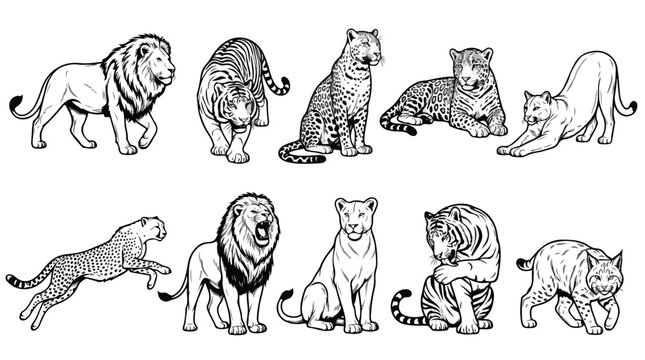 Vintage wild cat illustrations, set of 10 hand drawn big cats, black and white lion and tiger sketches, safari animal vector graphics