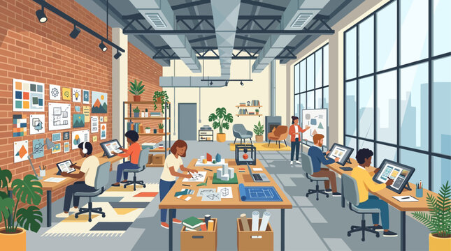 This flat design illustration showcases a bustling creative design studio located within an industrial loft space, emphasizing innovation and artistic collaboration.