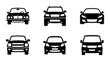 Obraz premium Collection of black car icons, front view, different types including sedan, suv, and truck Vector
