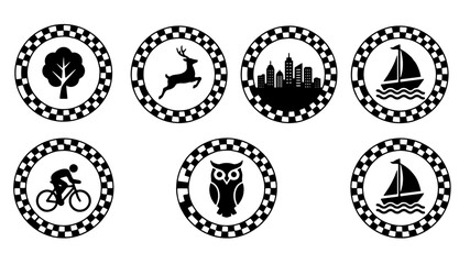 Collection of black silhouettes in circular frames: tree, deer, city, sailboat, cyclist, owl Vector © MSTRANI
