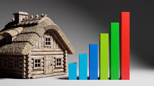 &ldquo;A wooden house stands beside ascending colorful bars, symbolizing property growth, investment progress, and the rising momentum of real estate markets.&rdquo;