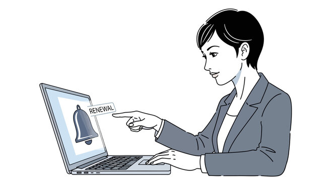 Woman using laptop to interact with renewal alert icon
