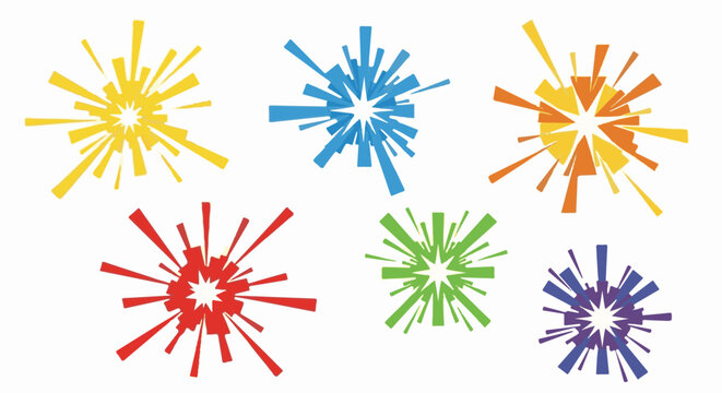 Diverse colorful starburst shapes exploding outwards on white background